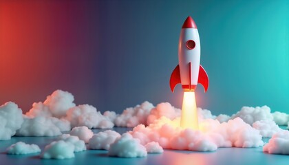 3D rocket launches from clouds in space. Creative startup concept. Rocket white with red details. Success, innovation prominent concepts. Background vibrant color gradients. Minimalist design.