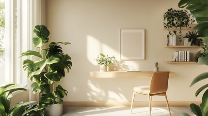 Brighter Minimal Home Office Design with Ample Greenery and Elegant Light : Generative AI