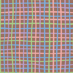 Fototapeta premium Natural tones grid seamless repeat pattern. Irregular, hand drawn lines aop all over surface print on mocha mousse background.