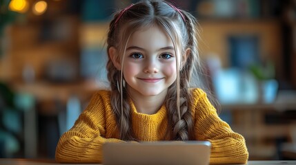 Adorable Young Girl in Yellow Sweater with Braided Hair Radiating Happiness in a Warm Ambience : Generative AI