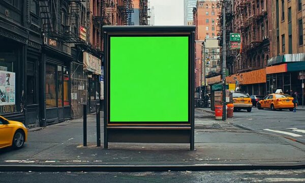 Empty bus stop with a green advertisement panel.