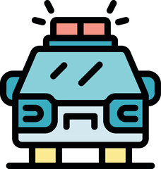 Front view of a police car with flashing siren lights parked on the street