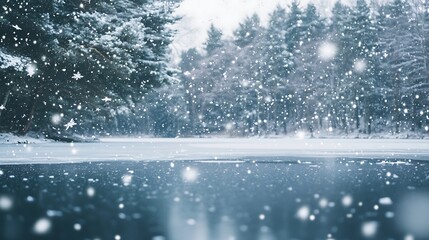 Snowflakes gently falling on a frozen lake, with the surrounding trees covered in a thick layer of snow