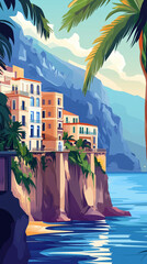 Obraz premium Illustration, Cityscape of Sorrento in Campania, Italy. Touristic advertisement poster. Promotional touristic poster. Beautiful city in Italy. Must-see tourist travel destination.