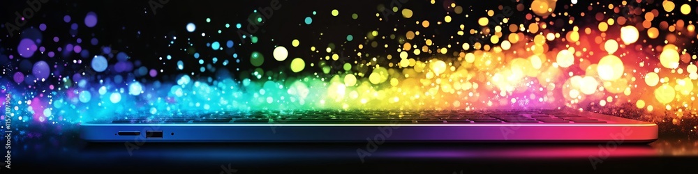 Poster spectacular vibrant color display streaming from sleek modern laptop edge : generative ai