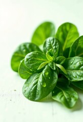 Obraz premium Fresh spinach leaves with water droplets, vibrant green texture
