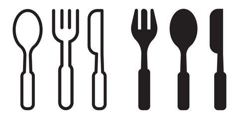 Fork, knife, plate and spoon. Menu symbol. Restaurant icon. Food, plate, fork, knife, spoon, cutlery icon set. Vector