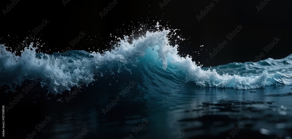 Poster powerful water wave crashes against dark background. water is dynamic, moving. blue tones, white foa