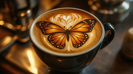 Close-up of a cappuccino with latte art of a butterfly.
