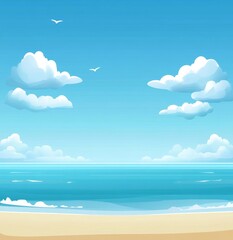 Bright Summer Day at a Tranquil Beach Under a Clear Blue Sky With Fluffy Clouds and Gentle Waves Lapping at the Shore