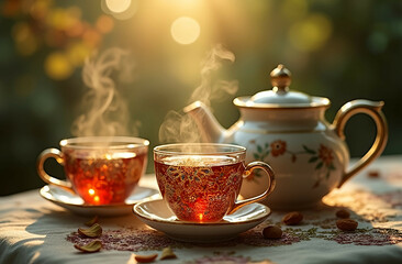 Fototapeta premium Whimsical Tea Set with Half-Filled Cups Featuring Algorithmic Patterns and Artistic Designs – Creative Beverage Concept