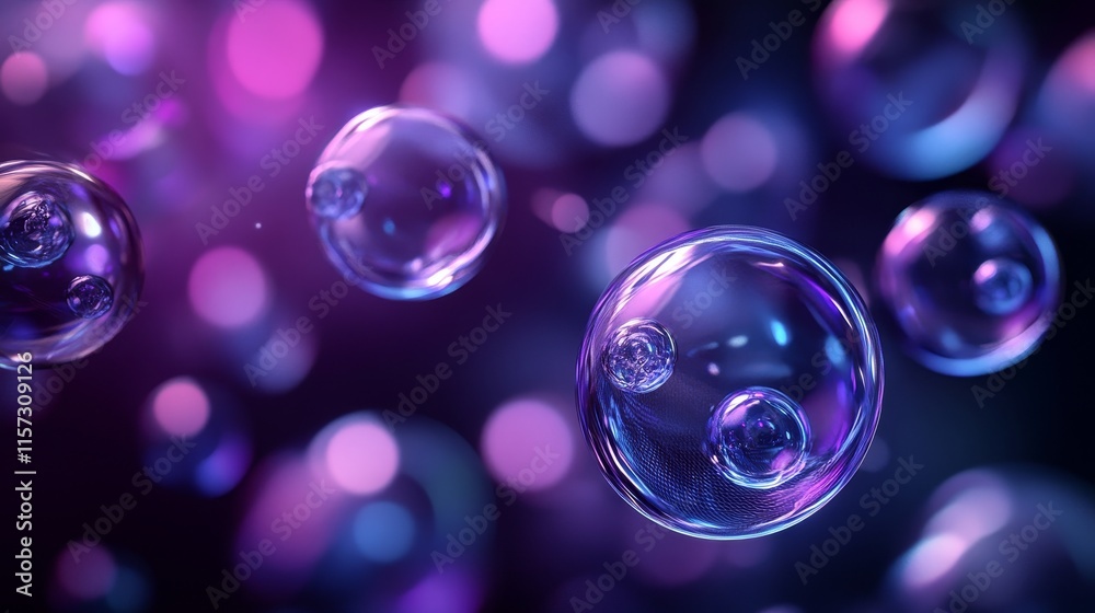 Poster Colorful Glowing Bubbles Float Against a Dark Background, Creating a Captivating Visual Display of Light and Movement in an Abstract Composition