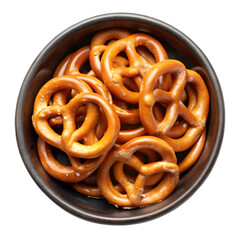 pretzels in black ceramic bowl top view isolated on transparent background
