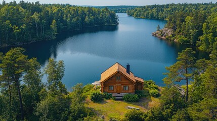 Fototapeta premium A serene lakeside cabin surrounded by lush greenery and calm waters.