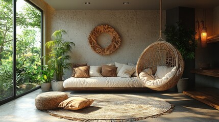 A serene living room featuring a swing chair, plants, and soft brown decor. The view showcases a garden, creating a peaceful atmosphere.