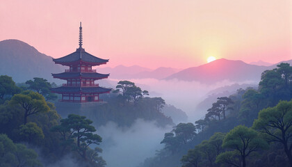 Pagoda in misty mountains at sunrise