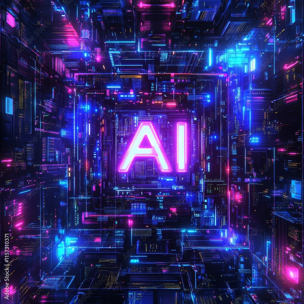 Aufkleber Vibrant Geometric Patterns Illuminate the Digital Landscape With Neon Colors Representing Artificial Intelligence and Technology