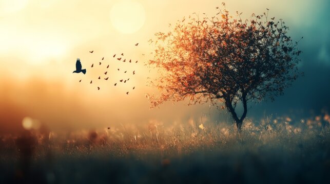 Serene Sunset: A Lone Tree and Departing Birds