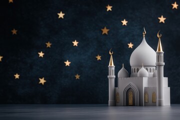 religious celebration, eid night at illuminated mosque with stars and peaceful vignette for message, capturing ramadans vibrancy and serenity