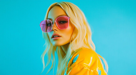 Fashion portrait of a young woman with yellow hair, wearing neon sunglasses and a colorful outfit