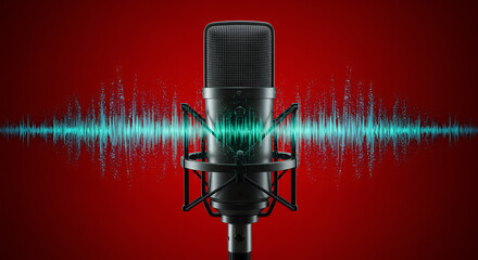 power of voice visualized studio microphone on vibrant red background through a retro microphone and dynamic sound waves.