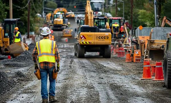 Construction worker walking on a muddy road with machinery.