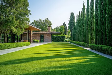 Obraz premium Beautiful green lawn with modern garden design, brick fence, and tall cypress tree wall in a clean backyard landscape, ideal for summer villa or home setting.
