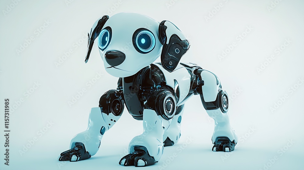 Poster white robotic puppy with blue eyes in a futuristic minimalist setting : generative ai