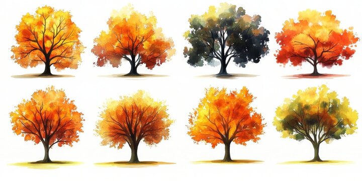Collection nine different types trees colors shapes are Set of watercolor autumn