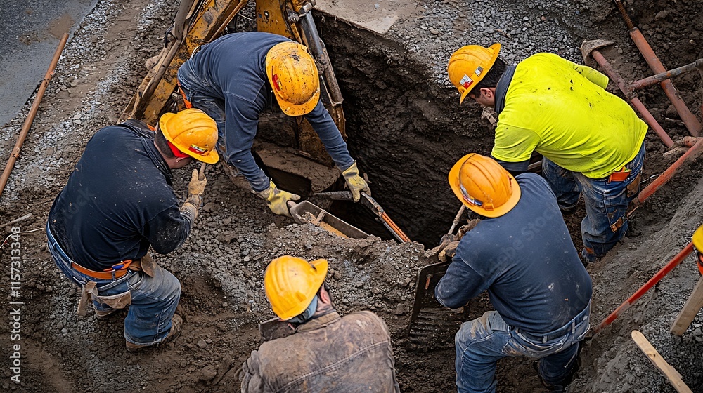 Poster Safety compliant construction crew digging deep trench for utility project with modern equipment : Generative AI