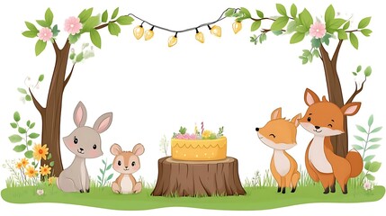 Cute animals celebrating birthday in forest.