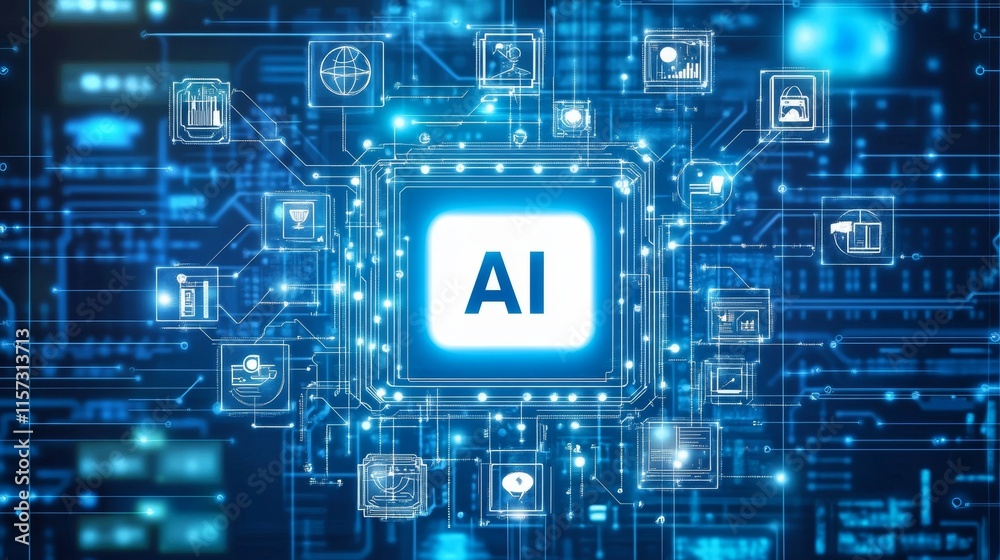 Poster technology visualizes artificial intelligence concepts with illuminated graphics and interconnected 