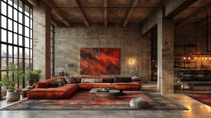 A stylish, modern industrial living room featuring an orange sofa, large windows, artistic decor, and a cozy atmosphere. Perfect for contemporary aesthetics.