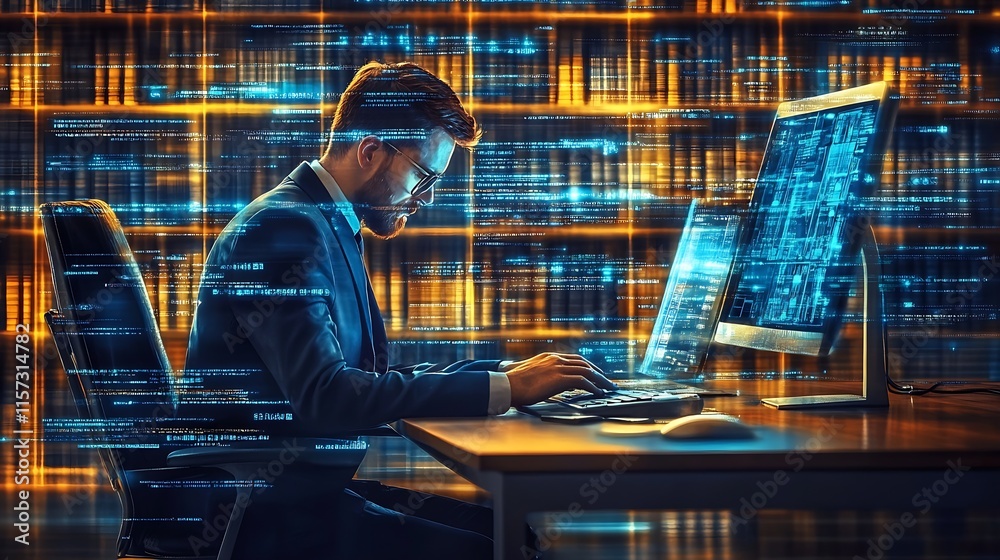 Aufkleber Professional Developer Immersed in High-Tech Programming Environment with Dual Screens : Generative AI