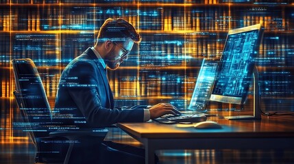 Professional Developer Immersed in High-Tech Programming Environment with Dual Screens : Generative AI