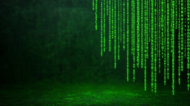 Digital artwork featuring binary code and grid designs.