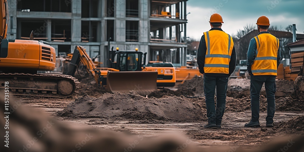 Poster Construction Workers Supervising Building Site with Heavy Equipment in Progress : Generative AI