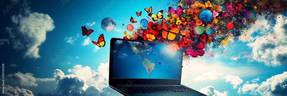 Poster colorful explosion of creativity overflows from a laptop screen into a stunning sky scene : generati