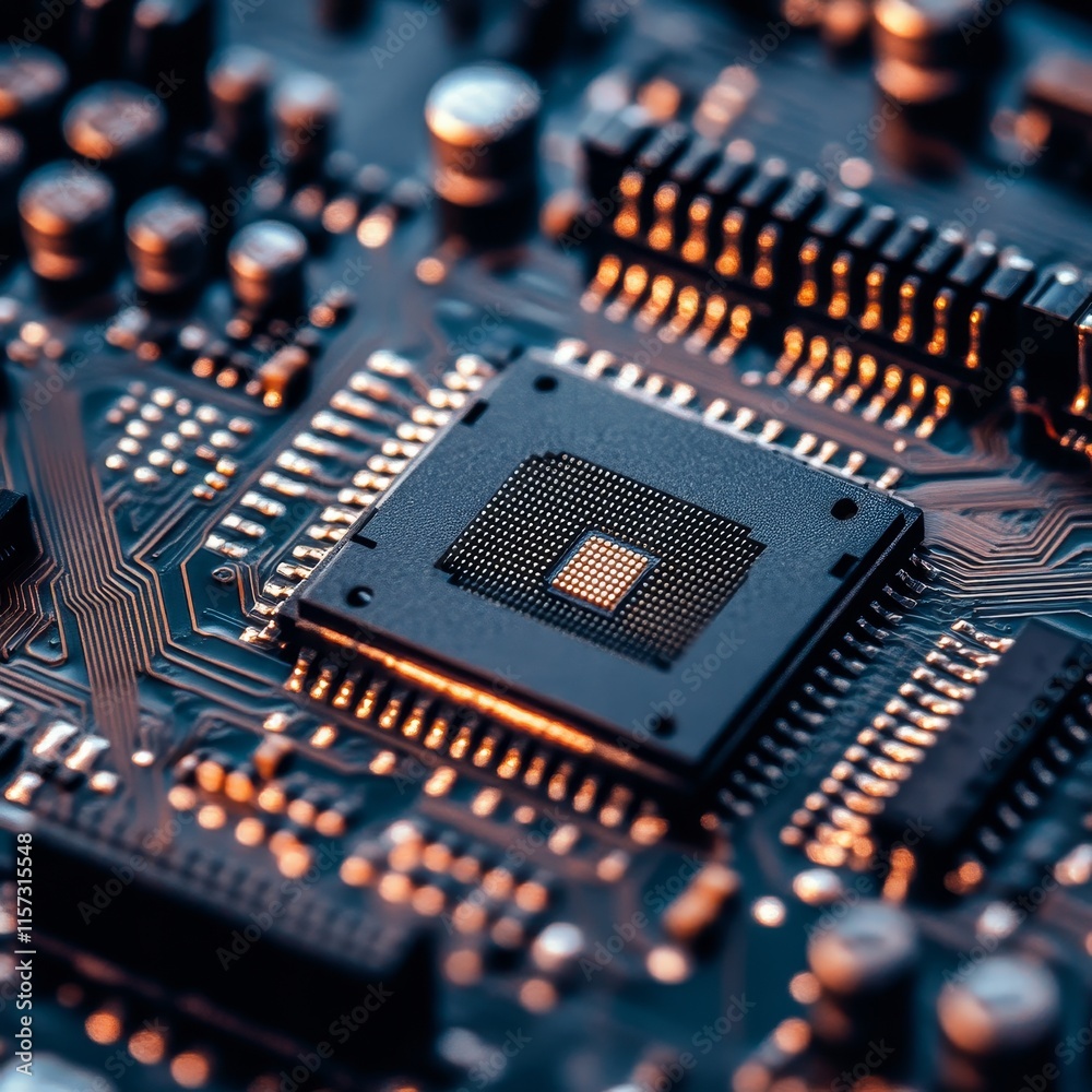 Poster close-up view of a microprocessor on a circuit board showcasing intricate details and connections