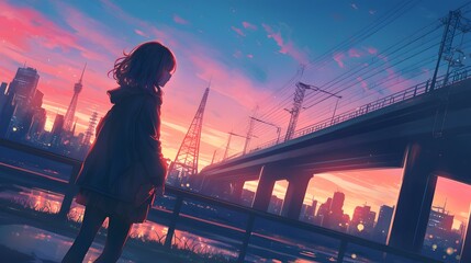 Vibrant anime scene of a young woman by flickering city lights on a bridge