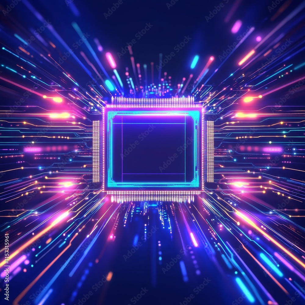 Aufkleber Colorful Microchip With Digital Circuitry Surrounded by Vibrant Light Particles Creating a Sense of High-Speed Data Transfer
