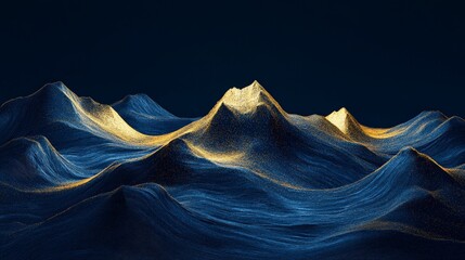 Minimalist Gold Line Art of Mountains on Blue Background