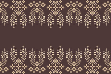 Ethnic pattern traditional motif ikat geometric fabric pattern cross stitch.Ikat embroidery Ethnic oriental Pixel brown background.Abstract,vector,illustration. Texture,decoration,wallpaper.