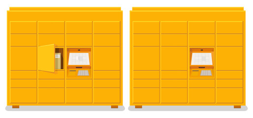 Collection of closed yellow lockers or with an open box containing a package in the flat design style (cut out)