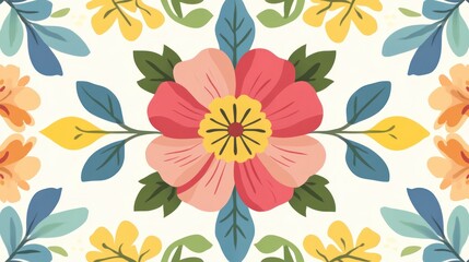 Vibrant Floral Pattern Colorful Flowers Leaf Design Cream Background
