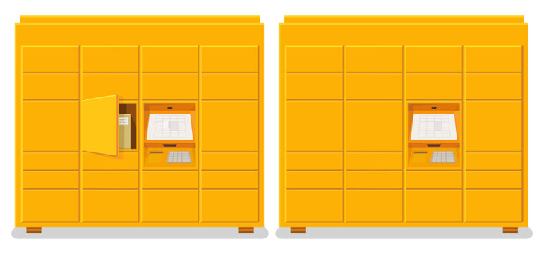 Collection of closed yellow lockers or with an open box containing a package in the flat design style (cut out)