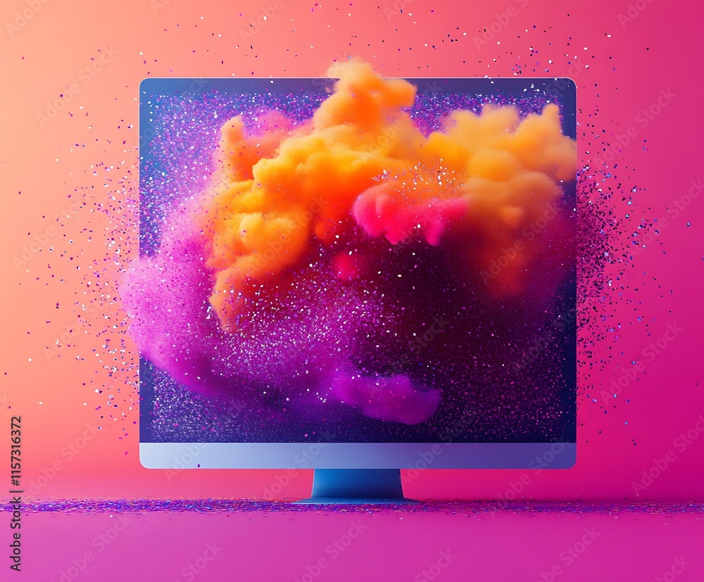 Leinwandbilder vivid burst of colorful powder from computer monitor on pink gradient : generative ai