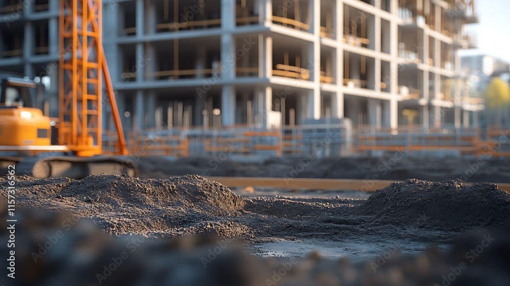 Poster construction site landscape with heavy machinery and building frame in urban environment : generativ