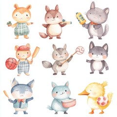 Fototapeta premium Cute and Playful Animal Characters Engaging in Various Activities in a Whimsical Illustration for Children's Design