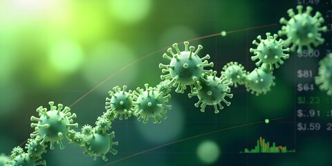 Microscopic view of a green Coronavirus, tracing a rising curve against a blurred green background.  Economic impact visual.